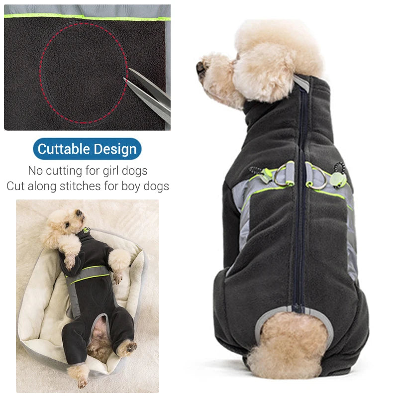 Warmer Fleece-Hundemantel mit Beinen, sicherer reflektierender Welpen-Schlafanzug, vollständig geschlossen, Bauch zuschneidbar, kleine Hunde, Herbst, Winter