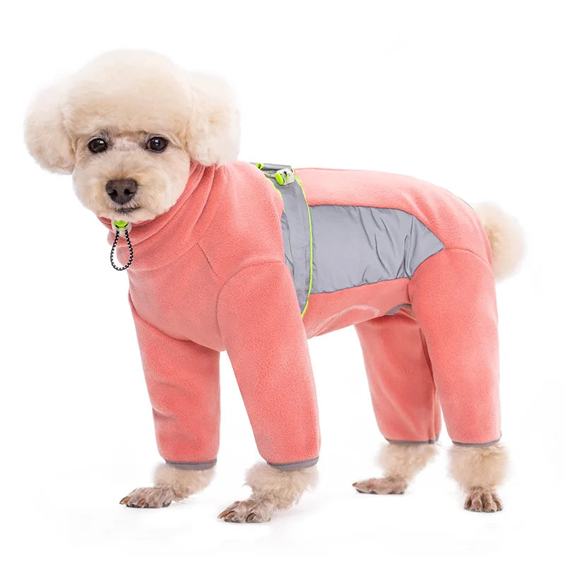 Warmer Fleece-Hundemantel mit Beinen, sicherer reflektierender Welpen-Schlafanzug, vollständig geschlossen, Bauch zuschneidbar, kleine Hunde, Herbst, Winter