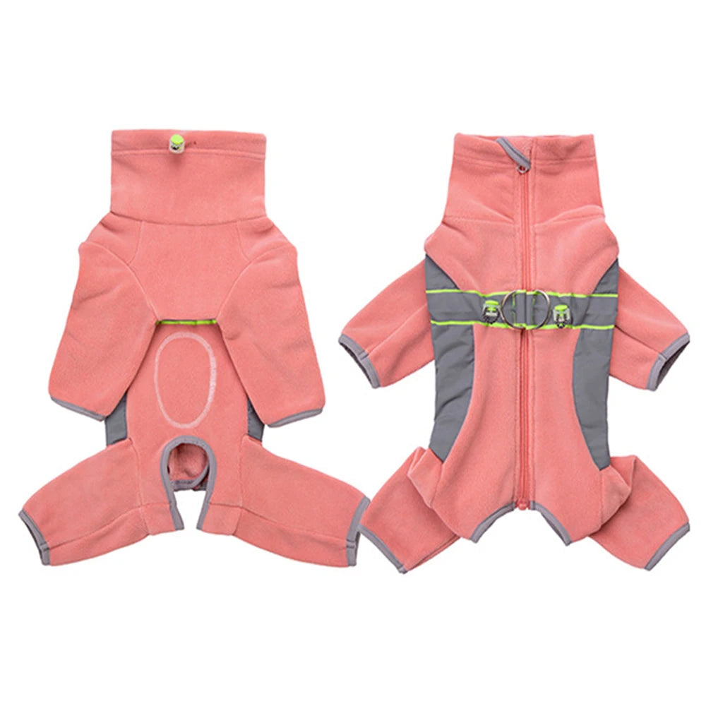 Warmer Fleece-Hundemantel mit Beinen, sicherer reflektierender Welpen-Schlafanzug, vollständig geschlossen, Bauch zuschneidbar, kleine Hunde, Herbst, Winter