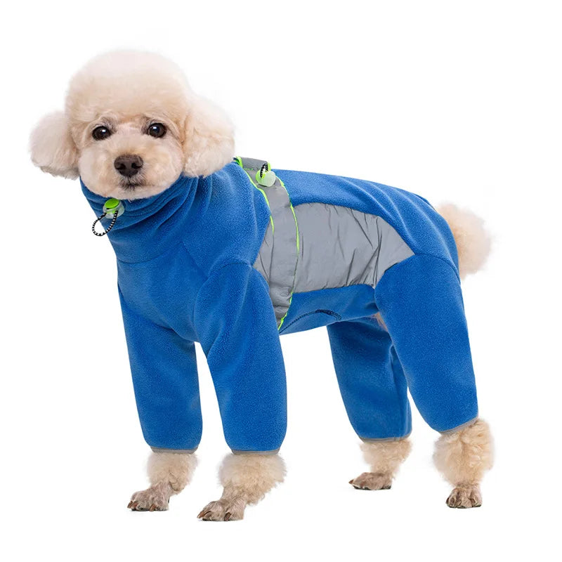 Warmer Fleece-Hundemantel mit Beinen, sicherer reflektierender Welpen-Schlafanzug, vollständig geschlossen, Bauch zuschneidbar, kleine Hunde, Herbst, Winter