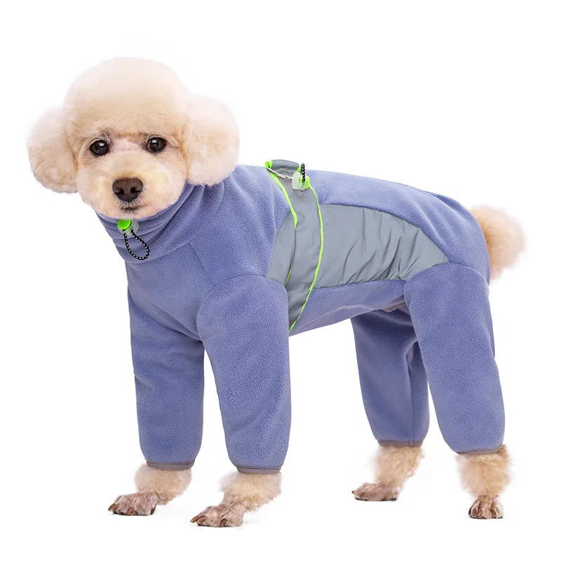 Warmer Fleece-Hundemantel mit Beinen, sicherer reflektierender Welpen-Schlafanzug, vollständig geschlossen, Bauch zuschneidbar, kleine Hunde, Herbst, Winter