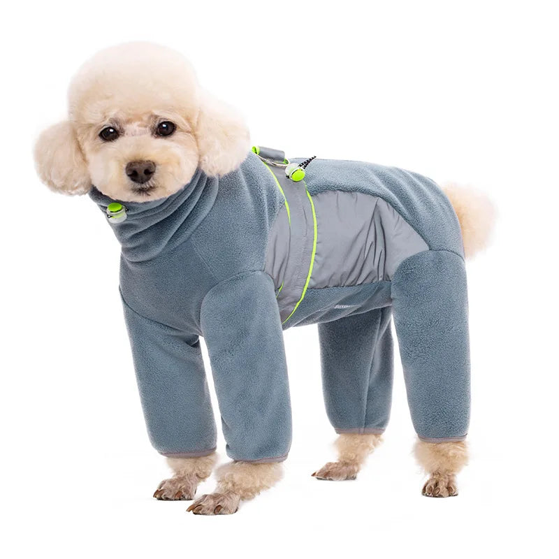 Warmer Fleece-Hundemantel mit Beinen, sicherer reflektierender Welpen-Schlafanzug, vollständig geschlossen, Bauch zuschneidbar, kleine Hunde, Herbst, Winter